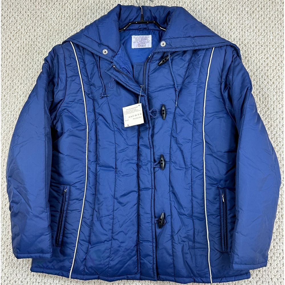 Vtg Sears Puffer Jacket Womens L Blue 3 Way Hooded Toggle PantCoat 70s NWT